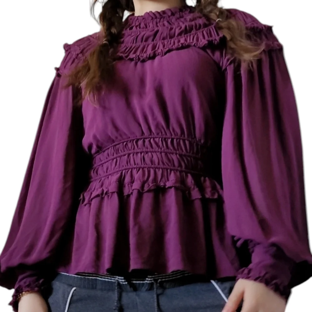 Farm Rio Plum Ruffle Blouse M | Romantic Boho Chic Long Sleeve Flowy Top - Picture 6 of 9